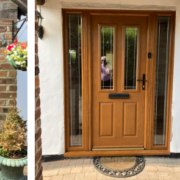 Brown Composite Front Doors with Side Panels and Back Door Installed