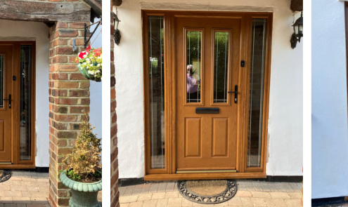 Brown Composite Front Doors with Side Panels and Back Door Installed