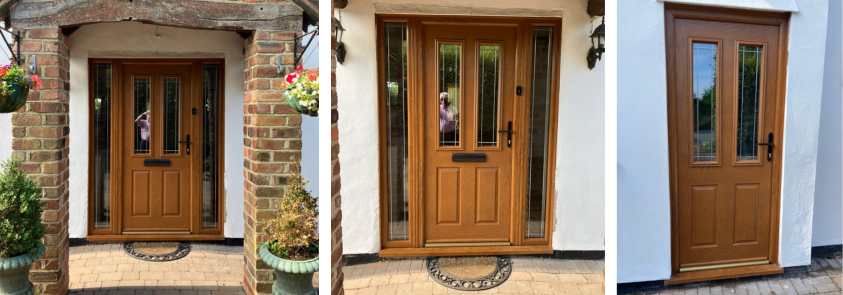 Brown Composite Front Doors with Side Panels and Back Door Installed